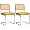 Dining Chairs Set of 2, Velvet Kitchen Chairs with Natural Cane Back & Stainless Chrome Base, Famous Breuer Designed Chairs, Mid Century Modern Upholstered Rattan Kitchen Chairs (Gold)