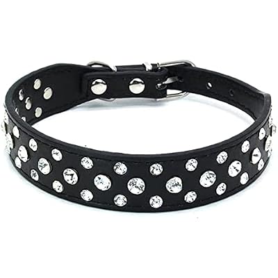 Rhinestone Dog Collar, Bling Rhinestone PU Leather Crystal Diamond Pet Dog Cat Puppy Collar Black S M L XL M, Black