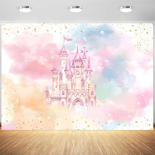 5x3ft Princess Castle Backdrop for Girl Birthday Pastel Rainbow Pink Castle Photography Background Birthday Baby Shower Party Banner Decorations Supplies Photo Booth Props