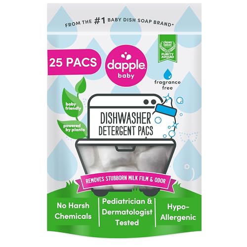 Dapple Baby Dishwasher Detergent Pods - 25 Count - Fragrance-Free, Hypoallergenic & Plant-Powered Dishwasher Pacs - Removes Milk Residue From Baby Bottles