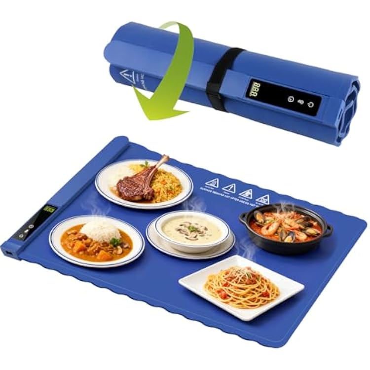 Warming Mat for Food,Food Warming Mat,Electric Warming Tray for Buffets Party and Home Daily Use,Heating Fastly,Rollable Portable Food Warming Mat,5 Temp Settings, 24H Timer,Blue, 24x15.75 inch