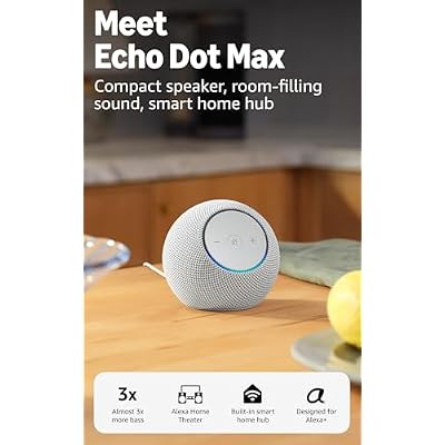 Amazon Echo Dot Max (newest model), Alexa speaker with room-filling sound and nearly 3x bass, Great for living rooms and medium-sized spaces, Designed for Alexa+, Glacier White