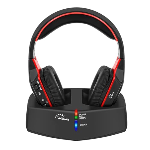 WallarGe Wireless Headphones for TV Watching with RF Transmitter Charging Dock, Plug and Play, 100 Ft Wireless Range, Rechargeable 20 Hour Battery Black with Red