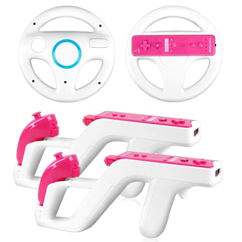 LongLongJin 2 Racing wii Steering Wheels And 2 wii Zapper Gun Controller Premium Accessories, Compatible With Nintendo Wii U Remote and Nunchuck GamesWhite