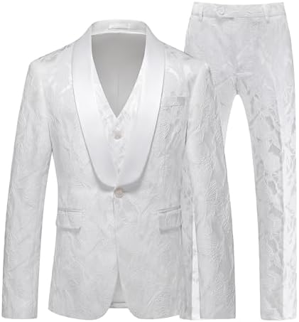 MOGU Mens 3 Piece Floral Suit Jacquard Dress Tuxedo Suit Set for Wedding Prom Jacket Vest Pants with Bow Tie