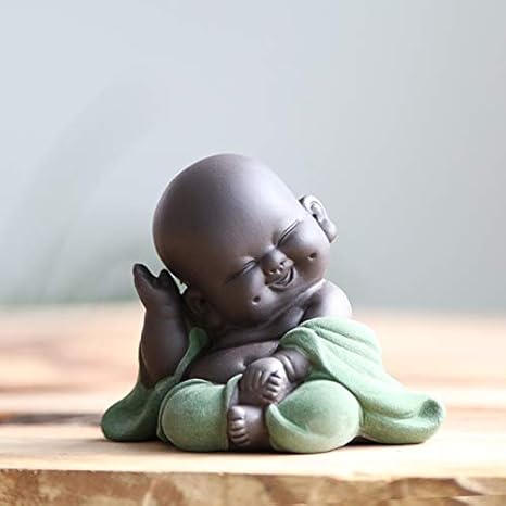 Kingzhuo Ceramic Little Cute Buddha Statue Monk Figurine Creative Baby Crafts Dolls Ornaments Gift Classic Delicate Ceramic Arts and Crafts Tea Accessories 2.8'' Inches High (Green)