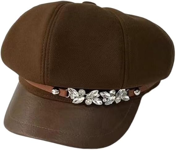 Women Newsboy Cap Bling Rhinestone PU Leather Cabbie Beret Cap | French Fashion 8 Panels Visor Paperboy Beret Octagonal Cap