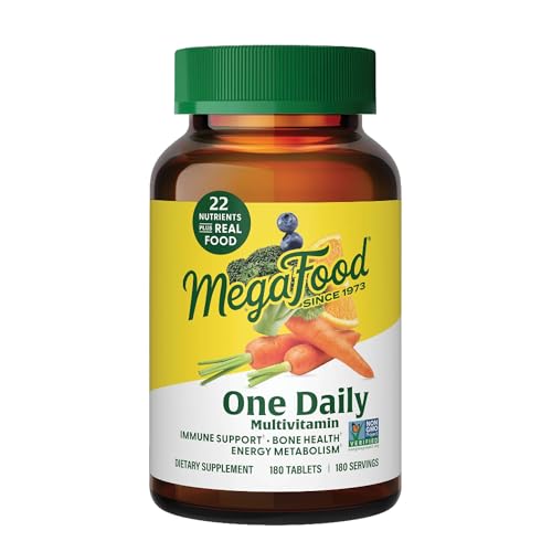 MegaFood One Daily Multivitamin for Women and Men, Immune Support Supplement with Real Food, Vitamin C & Vitamin B, Bone Health, Cellular Energy Metabolism, Vegetarian, Non-GMO, 180 Tablets