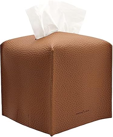 Carrots Den PU Leather Tissue Box Cover Holder, Bathroom Decor, Camel | Faux leather square holder fits standard facial tissue boxes. Decorative aesthetic accent for office desk, guest bedroom.