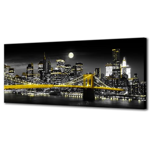 Biuteawal Black and White Yellow Canvas Print New York City Brooklyn Bridge at Moon Night Picture Photo Painting Cool Manhattan Skyline Artwork Modern Home Office Wall Decoration Ready to Hang