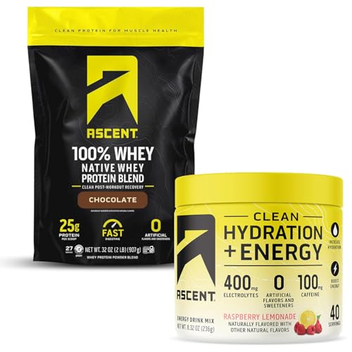 Ascent 100% Whey Protein Powder, Chocolate 2 lb & Hydration  Energy Electrolytes, Raspberry Lemonade 40 Servings
