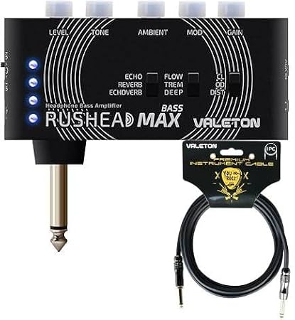 Valeton Rushead Max Bass USB Chargable Portable Pocket Bass Headphone Amp + Valeton VGC-3 3m Premium Instrument Cable Bundle - Carry-On Bedroom Plug-in Multi-Effects
