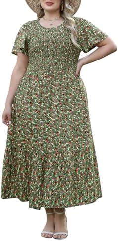 Nemidor Plus Size Womens Casual Maxi Dress Summer Ruffle Sleeve Ditsy Floral Print Boho Long Dresses with Pocket 16-26