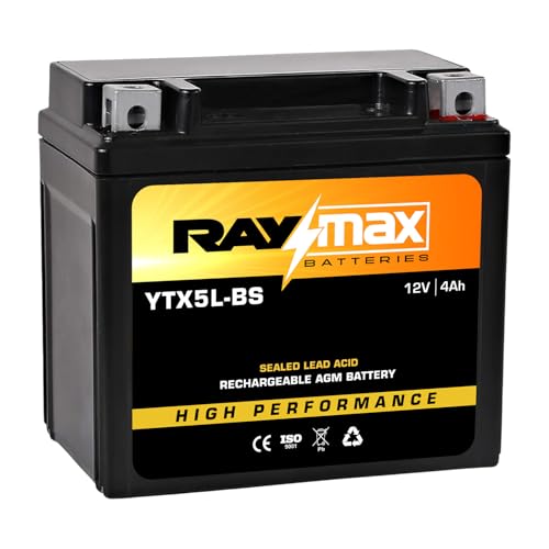 YTX5L-BS 12V 4Ah AGM Motorcycle Battery Maintenance-Free Powersports Battery for ATV, UTV, Scooter, Snowmobile, Jet Ski-High CCA 100, Compact, Sealed Lead Acid | Size: 4.48L x2.79W x4.17H.
