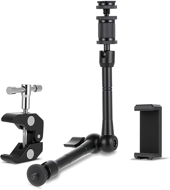 Magic Arm 11 Inch Flexible Camera Desk Mount with Super Clamp 1/4 Inch and 3/8 Inch Adjustable Arm Mount for Light Webcam Microphone Action Ka