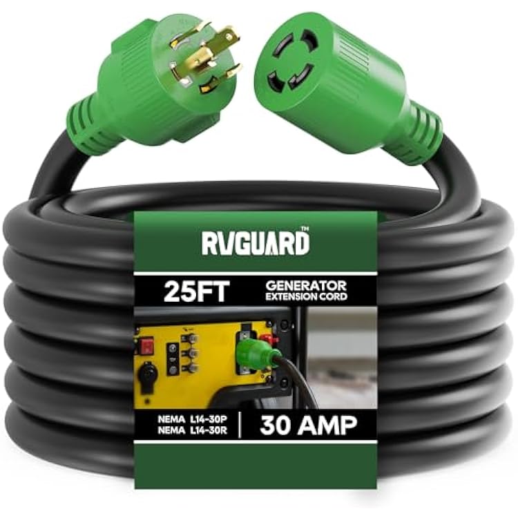 RVGUARD 4 Prong 30 Amp 25 Foot Generator Extension Cord, NEMA L14-30PL14-30R, 125250V Up to 7500W 10 Gauge SJTW Generator Cord with Cord Organizer, ETL Listed