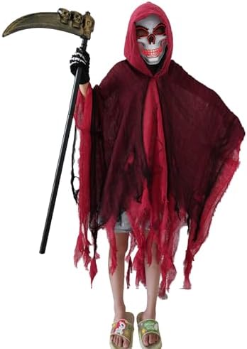 Grim Reaper Costume Kids,Scary Halloween Costumes for Boys Girls, LED Mask,Hooded Cloak,Scythe,Gloves Included
