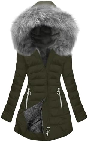 Women Winter Coats Mid Length Sherpa Lined Warm Heavy Jacket Thickened Windproof Quilted Parka Outerwear With Fur Hood