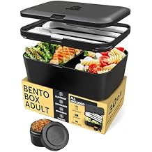 Umami Bento Box All-in-1 w/ 4 Utensils, 100% Leakproof, Dishwasher & Microwave Safe Lunch Containers for Adults w/ 4 Compartments, Black & Tan, 50 oz