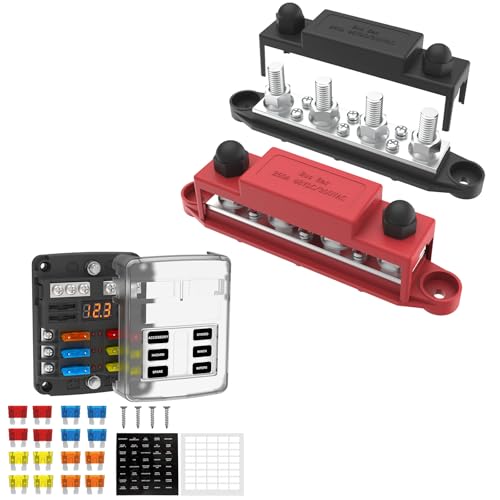 Bundle of Upgraded 12V 250A Black & Red Bus Bar 4-Posts, M10, with Cover & 6 Way Fuse Block Box