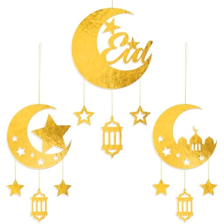 3 Pcs Ramadan Hanging Decorations Eid Mubarak Wall Decor Hollow Moon Star Lantern Shape for Islamic Muslim Home Decor Indoor Outdoor Hanging Ornament for Wall Window