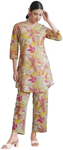 Janasya Indian Womens Cotton Multicolor Floral Print Casual Wear Co-ord Set for Women