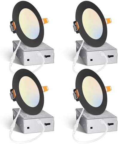 Amico 4 Pack 4 Inch Black 5CCT Ultra-Thin LED Recessed Light with Junction Box, 2700K3000K3500K4000K5000K Selectable, 10W Eqv 60W 800LM Dimmable Canless Wafer Downlight, ETL & FCC
