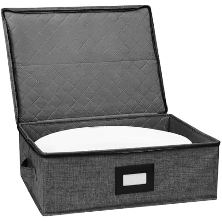 China Storage Containers, Platter Storage 17 x 13 x 6 for Dinnerware Storage and Transport, 5 Large Felt Dividers Included, Hard Shell and Stackable Black