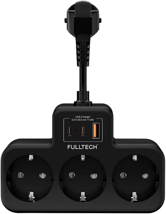 Akım Korumalı Priz, Duvar Priz Çoğaltıcı, 3x Priz Soketi, 2x Type-C Girişi, 1x Usb Girişi, Çocuk Korumalı ve Isıya Dayanıklı Yapı, Aşırı Gerilim Koruyucu, 16A/3680W (Kablosuz) (Siyah)