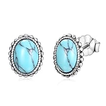 Turquoise Stud Earrings,S925 Sterling Silver Round/Oval Vintage Braids Circle Turquoise Earrings,Blue Gemstone Bohemian Ethnic Tribal Jewelry for Women Graduation