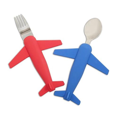 Kids Airplane Fork & Spoon Set, Stainless Steel & Silicone