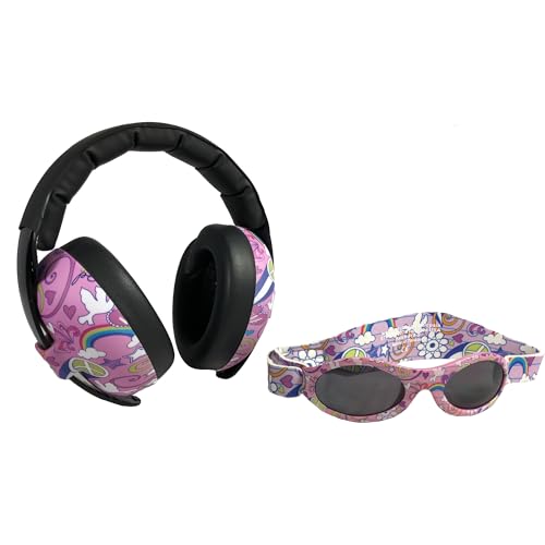 BANZ Baby Earmuffs Infant and Toddler Hearing Protection Headphones - Packaged Sunglasses Ages 02 Years Ultimate Child Ear and Eye Protection Stop Noise Block Sun Doodle Pink