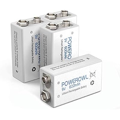 POWEROWL 9V Rechargeable Batteries 600mAh Lithium-ion Low Self Discharge Battery for Smoke Dectector and More 4 Pack