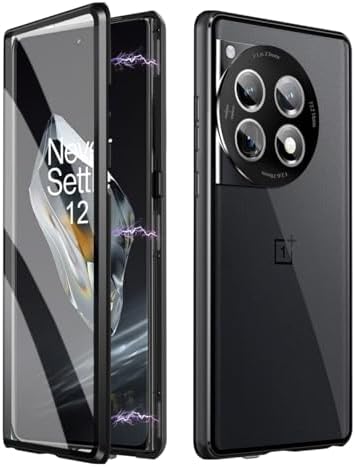 QUIETIP Case Compatible with OnePlus 12 5G,Magnetic Body Metal Frame Double Sided Clear Tempered Glass Shockproof with Camera Protection Cover Thin,Black