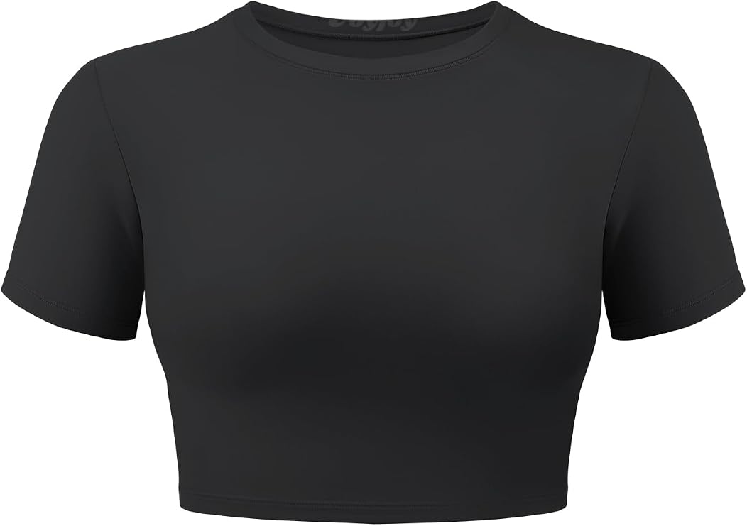 VOYJOY Womens Double Lined Fitted Short Sleeve Crop Tops Crew Neck Tee