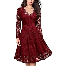 Women's Retro Lace Dresses V Neck Long Sleeve Mesh Tunic Party Dress Summer V-Back Party A Line Dress
