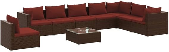 9-Piece Brown PE Rattan Patio Furniture Set Modular Outdoor Sectional Sofa with Coffee Table, Cinnamon Red Cushions, All-Weather Wicker, Seats 9 for Garden Balcony Backyard