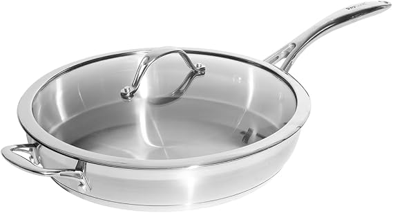 ProCook Professional Stainless Steel Frying Pan with Lid Uncoated Induction & Oven Safe Pans Heavy Duty Cooking Pots - 30cm