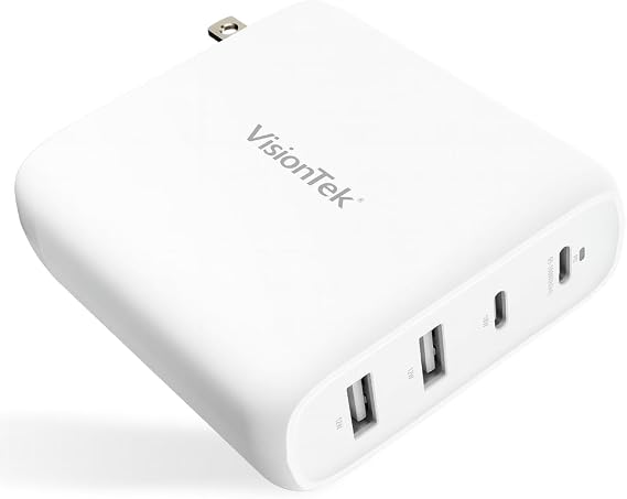 VisionTek 100W 4-Port USB-C Wall Charger, GaN Fast Charge, Foldable Plug