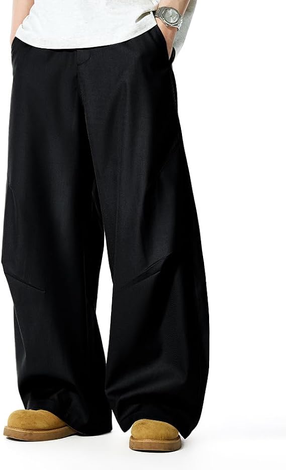Men's Baggy Wide Leg Pants Zipper Fly Pleated Dress Pants Business Casual Long Trousers with Pocket