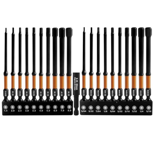 20pcs 4 Impact Allen Wrench Drill Bit Set Metric&SAE, 14 Hex-Shank S2 Steel CNC Magnetic Hex Head Bit Set, 4 Long Impact Driver Bit Set with Storage Box & Extension Socket