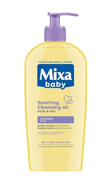 Mixa Baby Atopicalm Soothing Cleansing Oil for Body & Hair, 250 ml /8.45 fl.oz/ Gentle Moisturizing Baby Wash for Dry & Sensitive Skin Hypoallergenic, FragranceFree, TearFree Formula