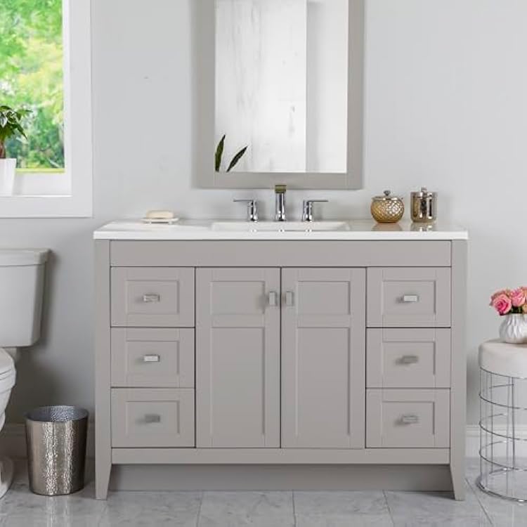 Spring Mill Cabinets Lonsdale 48-Inch Single-Sink Bathroom Vanity with White Top, Soft-Close Cabinet, 6 Drawers, 48.5 W x 18.75 D, Gray