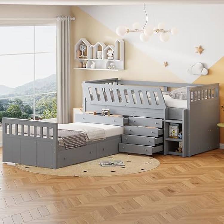 DEINPPA L Shaped 2 Twin Beds with Storage Drawers and Guardrails, Loft Irregular Bunk Bed, Wooden Bed Frame for Children Boys Girls -Grey