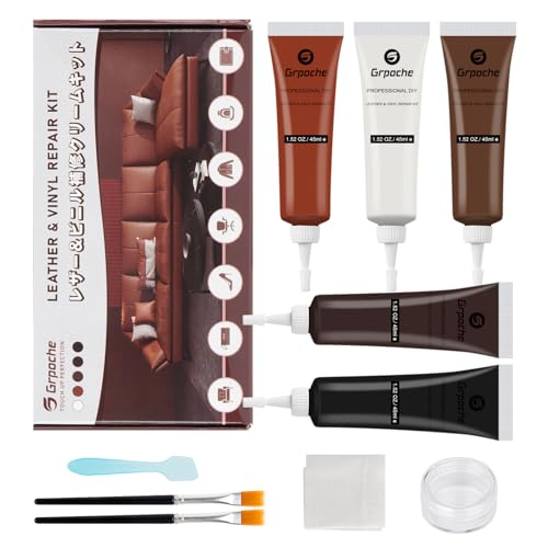 Brown Leather Repair Kit for Furniture, Leather Couch Repair Kit for Car Interior, Car Seats, Sofa, Jacket and Purse, Vinyl Repair Kit with Color Matching Guide, Restores Artificial, Genuine Pleather
