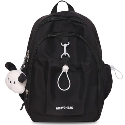 Fashion Backpack with Cute Accessory Casual Bookbags with Pendant Laptop Bag Lightweight Travel Daypacks Black