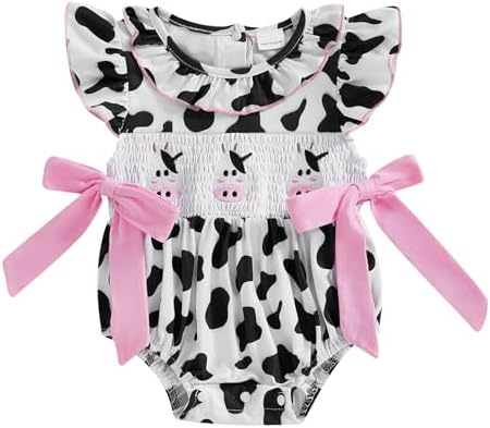 Emmababy Newborn Cowgirl Outfit Infant Baby Girl Ruffle Bubble Romper Short Sleeve Bodysuit Bow Jumpsuit Western Baby Clothes