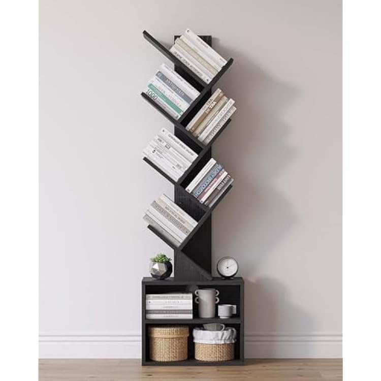 SUNMORY 6 Tier Tree Bookshelf, Small Bookcase with Storage Cabinet, Modern Narrow Bookshelves Organizer, Floor Standing Book Shelf for BedroomLiving RoomHome OfficeCorner, Black