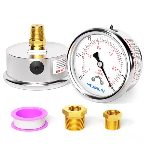 MEANLIN MEASURE -30inHG~0Psi Stainless Steel 14 NPT 2.5 FACE DIAL Vacuum Pressure Gauge, Center Back Mount, with 14 x 12 NPT and 14 x 38 NPT Hex Bushing