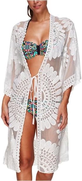 Moss Rose Womens Bathing Suit Cover Up 34 Sleeve Mesh Swimsuit Coverup Long Floral Beach Lace Kimono Cardigan